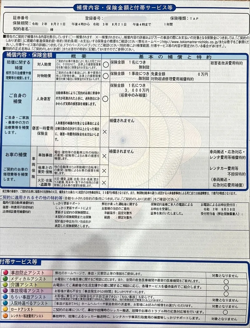 任意保険証券(補償内容の記載例・2枚目)